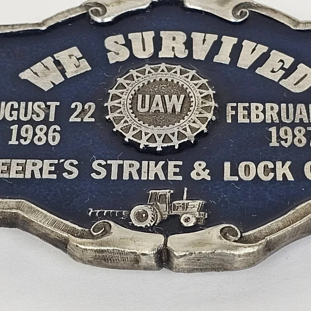 1986 1987 John Deere UAW United Auto Workers Strike Lock Out Belt‎ Buckle Pewter